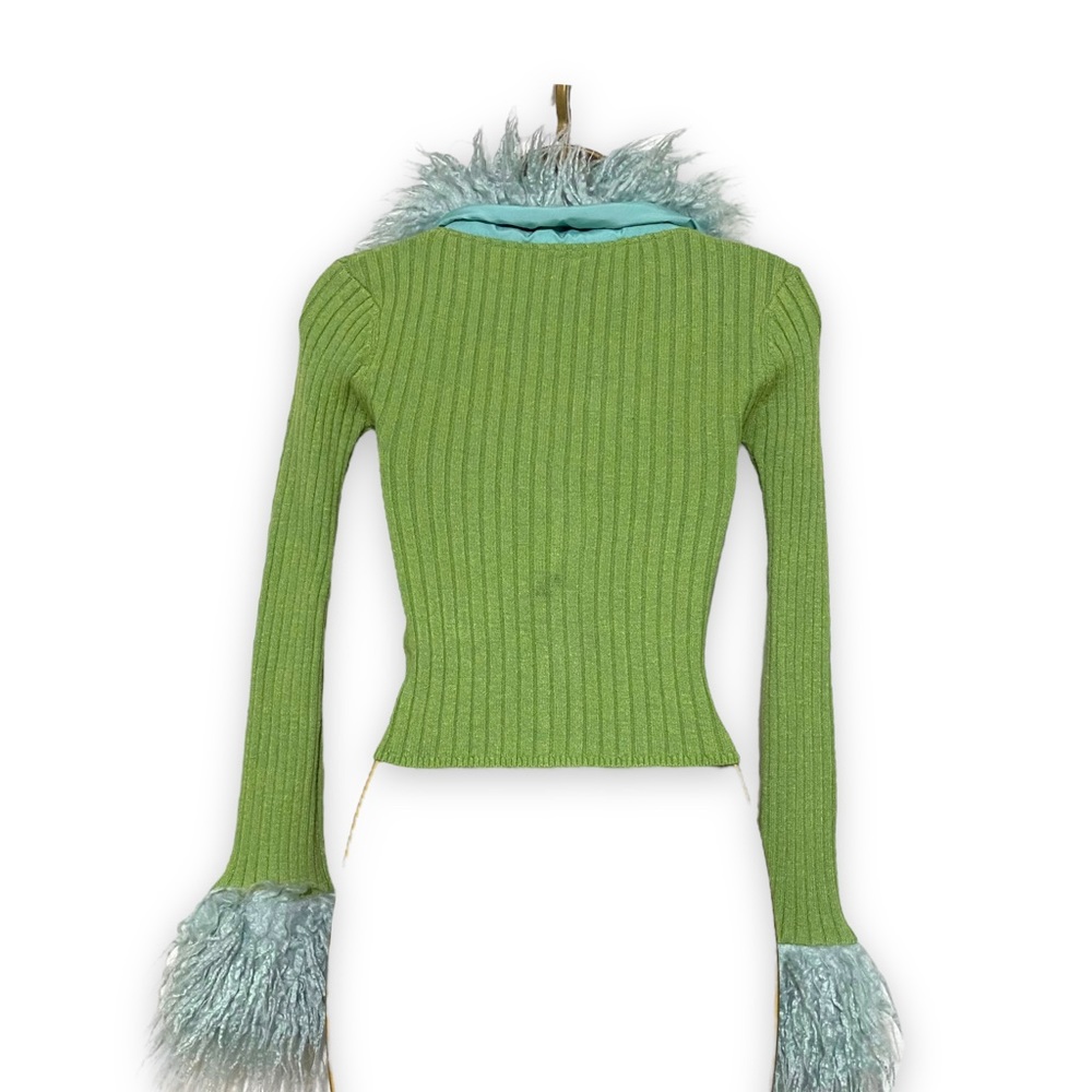 Urban Outfitters Cardigan Y2K Faux Fur Collar Cuffs Slim Fit Green XS Ribbed 90s - Picture 3 of 10